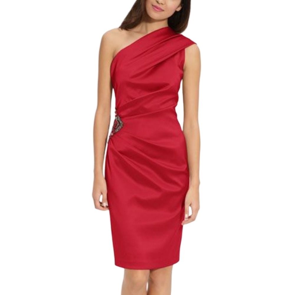Eliza J Red Satin One Shoulder Ruched Cocktail Dress with Beaded Side Detail 6
